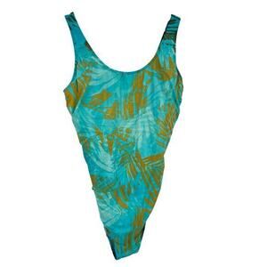 LL Bean green & gold leaf one piece swimsuit bathing suit plus size 16 regular